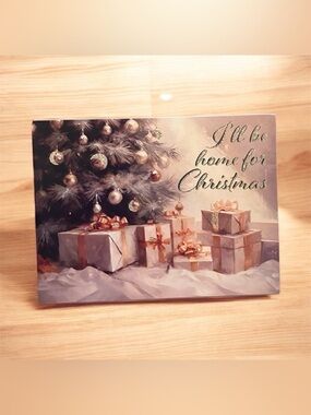 NEW Wooden Box Sign Distressed "I'll Be Home For Christmas" Present Tree Ribbon